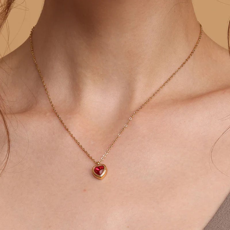 PALMONAS Red Emerald Heart Pendant Necklace for Women - Waterproof & Anti-Tarnish - Image 1